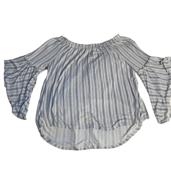 TIME & TRU Medium Blue White Striped Abel‎ Sleeve Off The Shoulder Top Blouse - Picture 1 of 3
